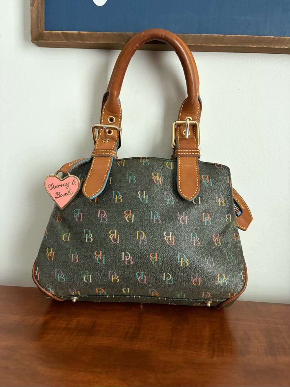 Dooney & Bourke Multicolor DB Logo Satchel in Brown with Tan Trim